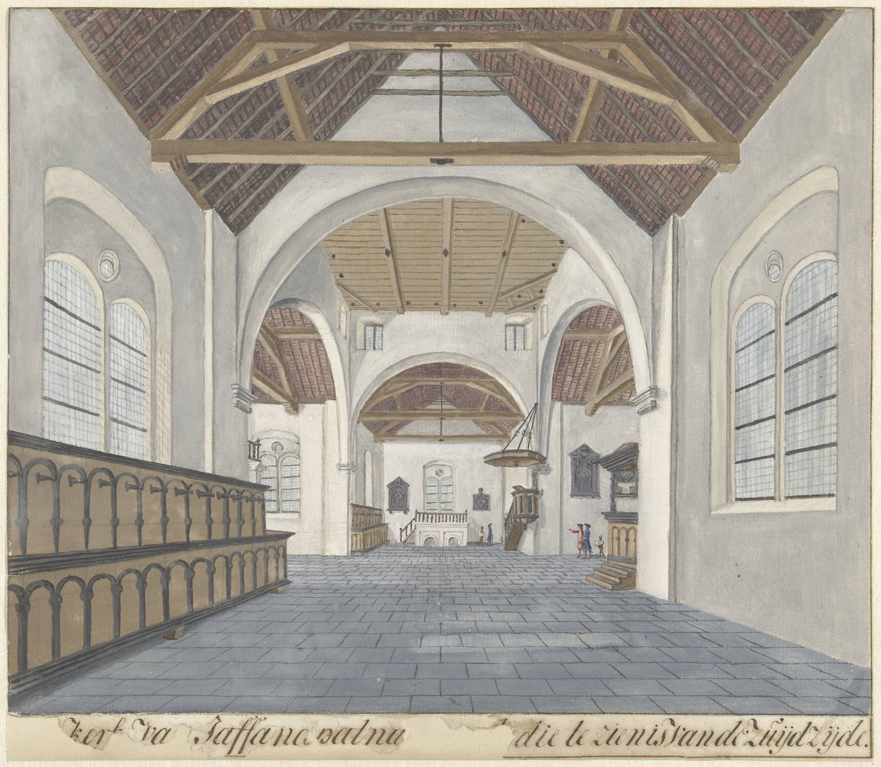 Interiør af kirken i fæstningen Jaffnapatnam i Jaffna på Ceylon kirke [n] Jaffanapatna[m (...)], som kan ses fra sydsiden (titel på objekt) af Cornelis Steiger