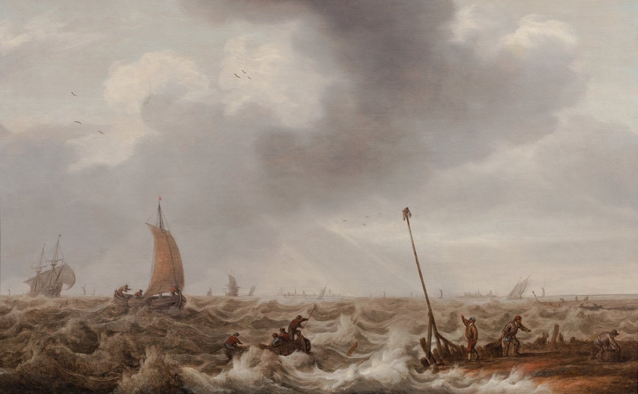 Forsendelse i ujævnt hav langs kysten med en anløbsbro, et fyrtårn og en by i det fjerne, ca. 1600-55 (olie på panel) af Cornelis Stooter