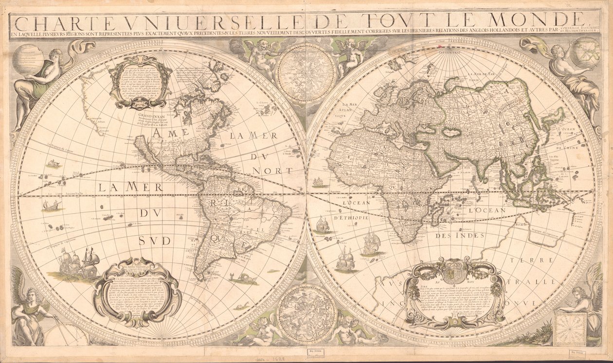 Relief vist billedmæssigt. Indeholder illustrationer, noter og to himmelske halvkugler. Samlet af to ark. LC kopi let farvet, kun i grøn. Monteret på stof, med stifthuller i alle hjørner. Shirley, R.W. Mapping of the world, 323 Tilgængelig en af Cornelis; Tavernier Danckerts