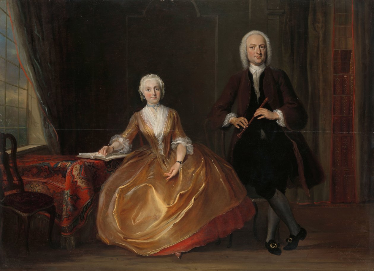 Et par der laver musik Cornelis Troost (1696-1750), olie på panel, 1743 af Cornelis Troost
