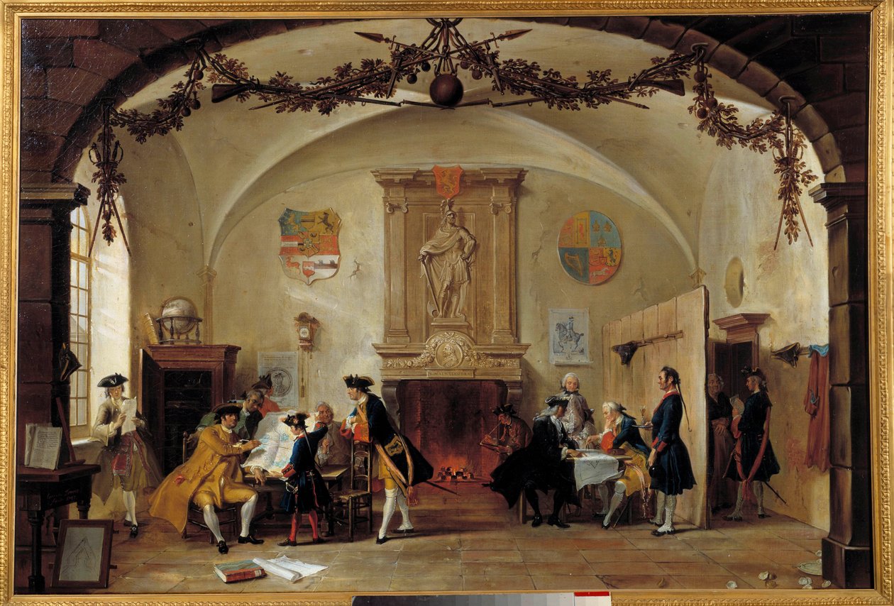 Allegori om krig mod Frankrig Hollandske soldater studerer strategier under den spanske arvefølgekrig (1701-1714) mellem Frankrig og Spanien og en koalition dannet af England, Holland og Preussen. Maleri af Cornelis Troost (1697-1750) 1747 Ha af Cornelis Troost