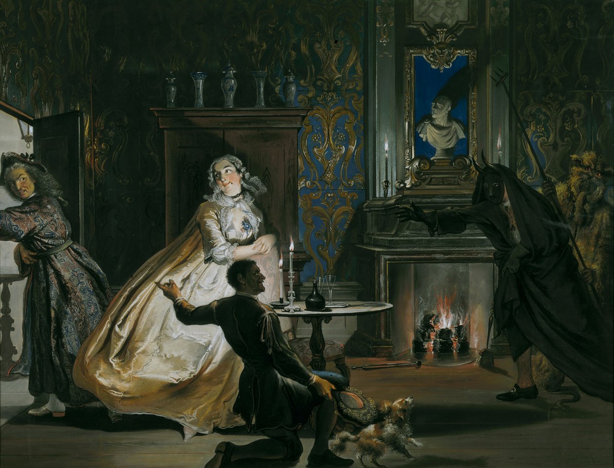 Kaptajn Ulrich eller grådighed forpurret: Forklædt, Godefroy og hans tjener satte kaptajn Ulrich på flugt, 1738 af Cornelis Troost