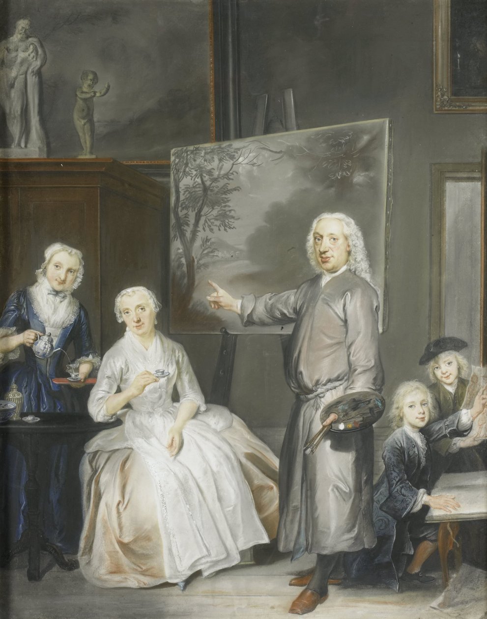 Landskabsmaleren Dirk Dalens III (1688-1753) med sin anden hustru Maria Schaack (d. 1766) og børnene Anna (født 1725), Willem (1737-60) og Jacobus (1741-63) af Cornelis Troost