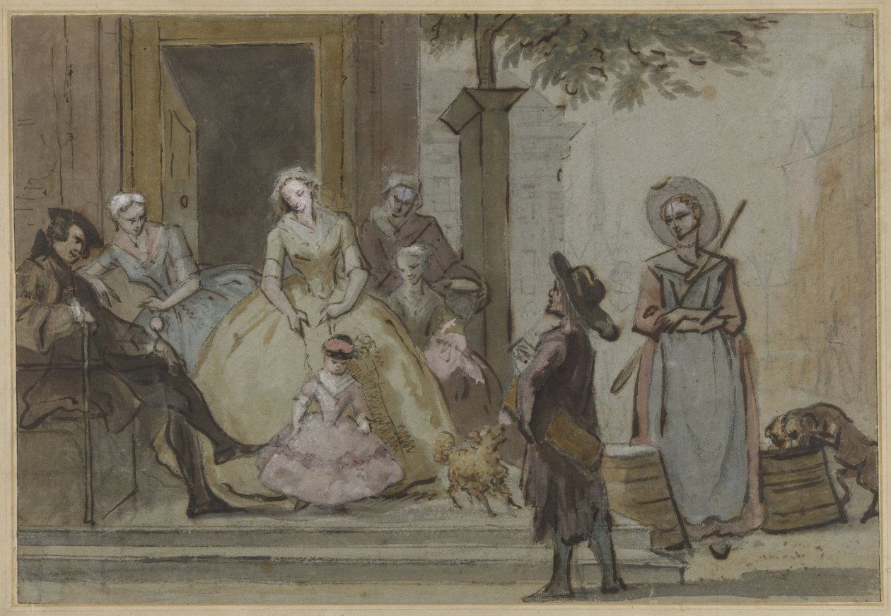 Hurdy-gurdy-afspiller til en lyttende familie på et byhusdørtrin af Cornelis Troost