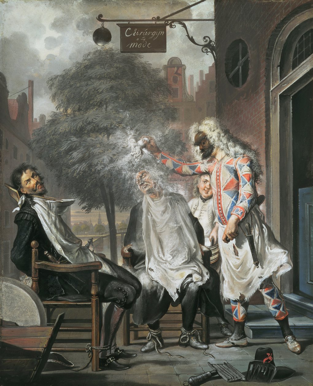 Harlekin, tryllekunstner og barber: The Rivals Exposed, 1738 af Cornelis Troost