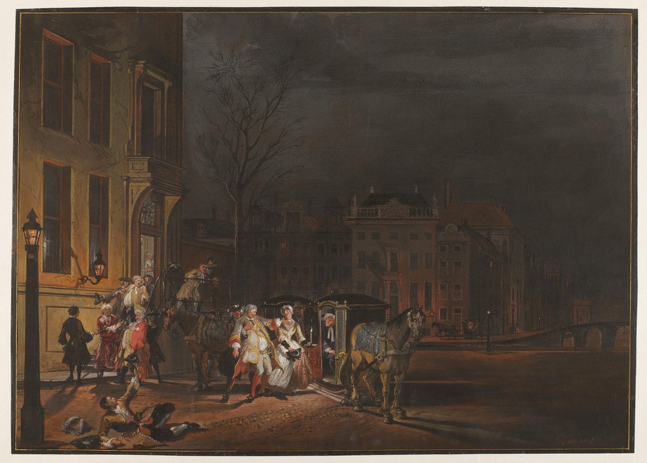 Et selskab fornemme herrers afrejse efter en munter aftenfest af Cornelis Troost