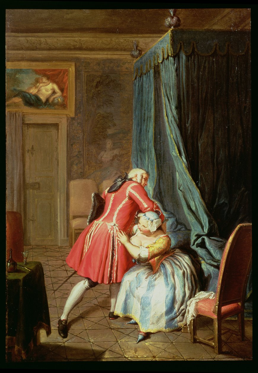Interiør af et sengekammer med et par, der kaster sig af Cornelis Troost