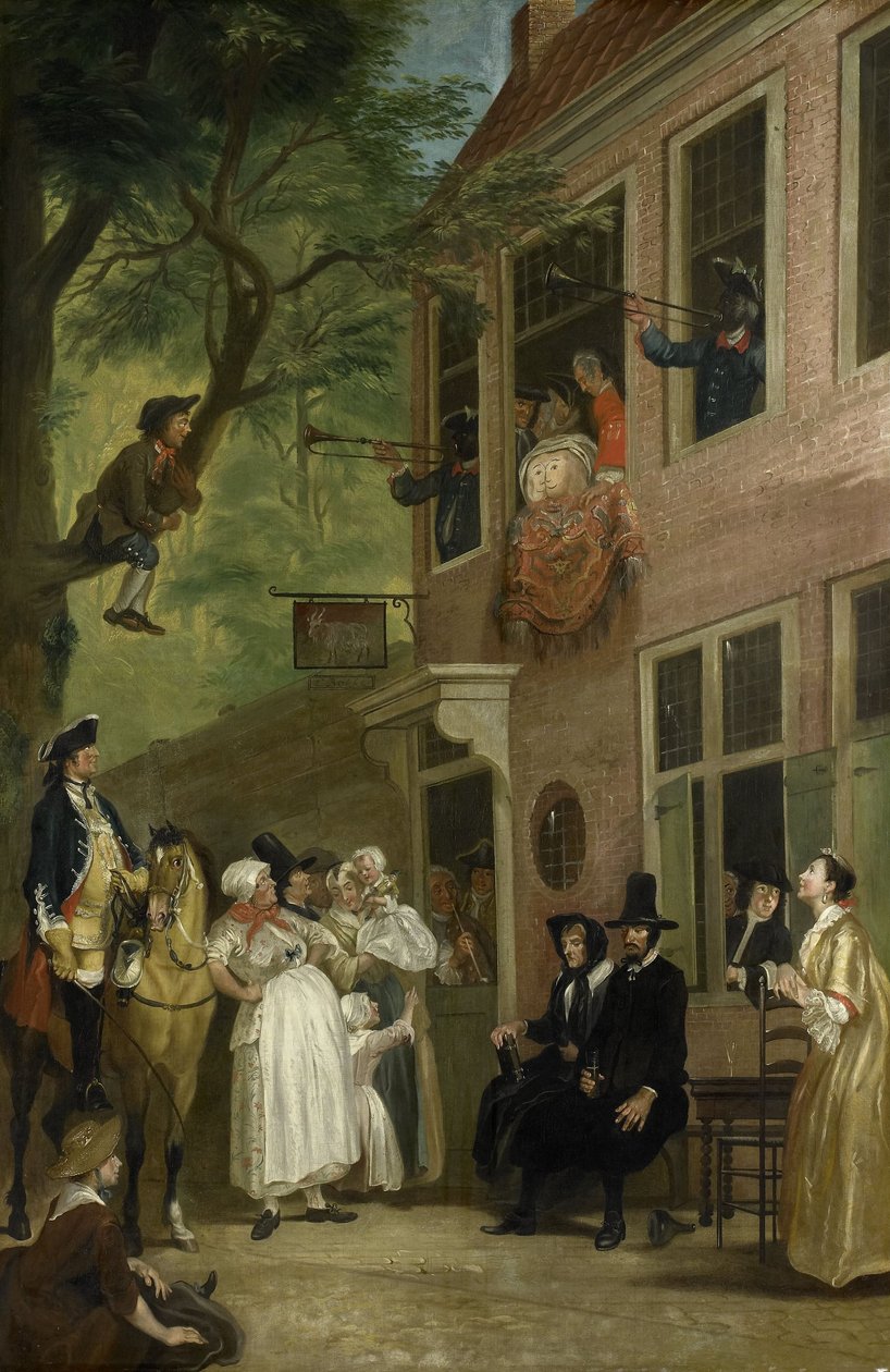 Vildledt: Slynglernes ambassadør afslører sig selv fra vinduet på "t Bokki Tavern i Haarlemmerhout, ca. 1739 af Cornelis Troost
