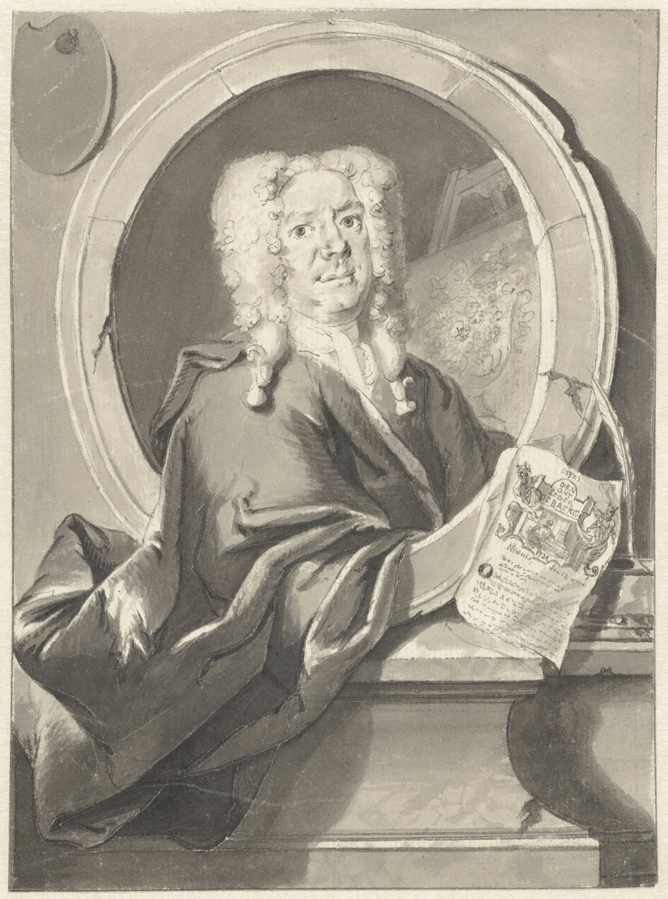 Portræt af Jacob Campo Weyerman i medaljon af Cornelis Troost