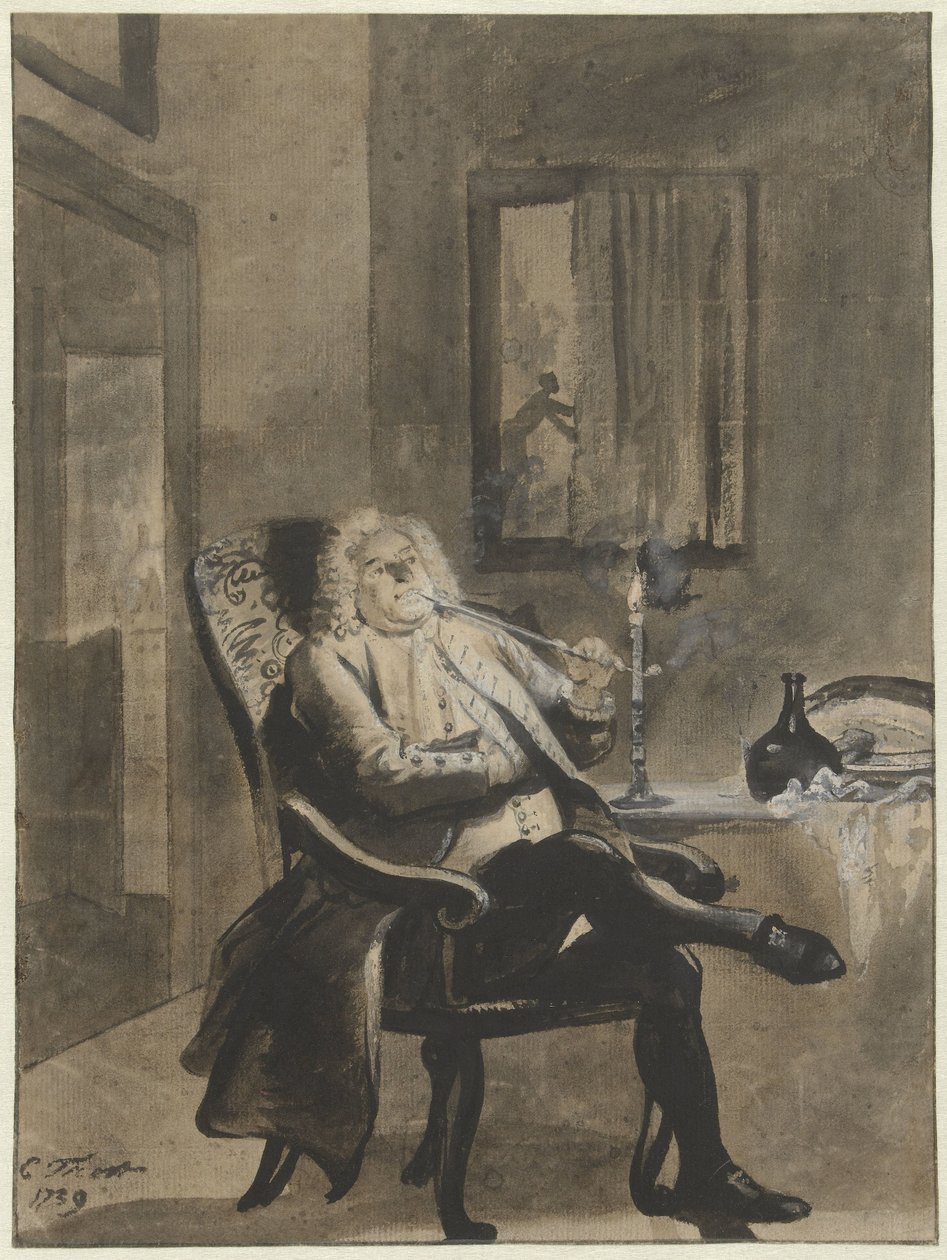 Siddende mand, der ryger en pibe ved stearinlys, mens huse udenfor står i flammer af Cornelis Troost
