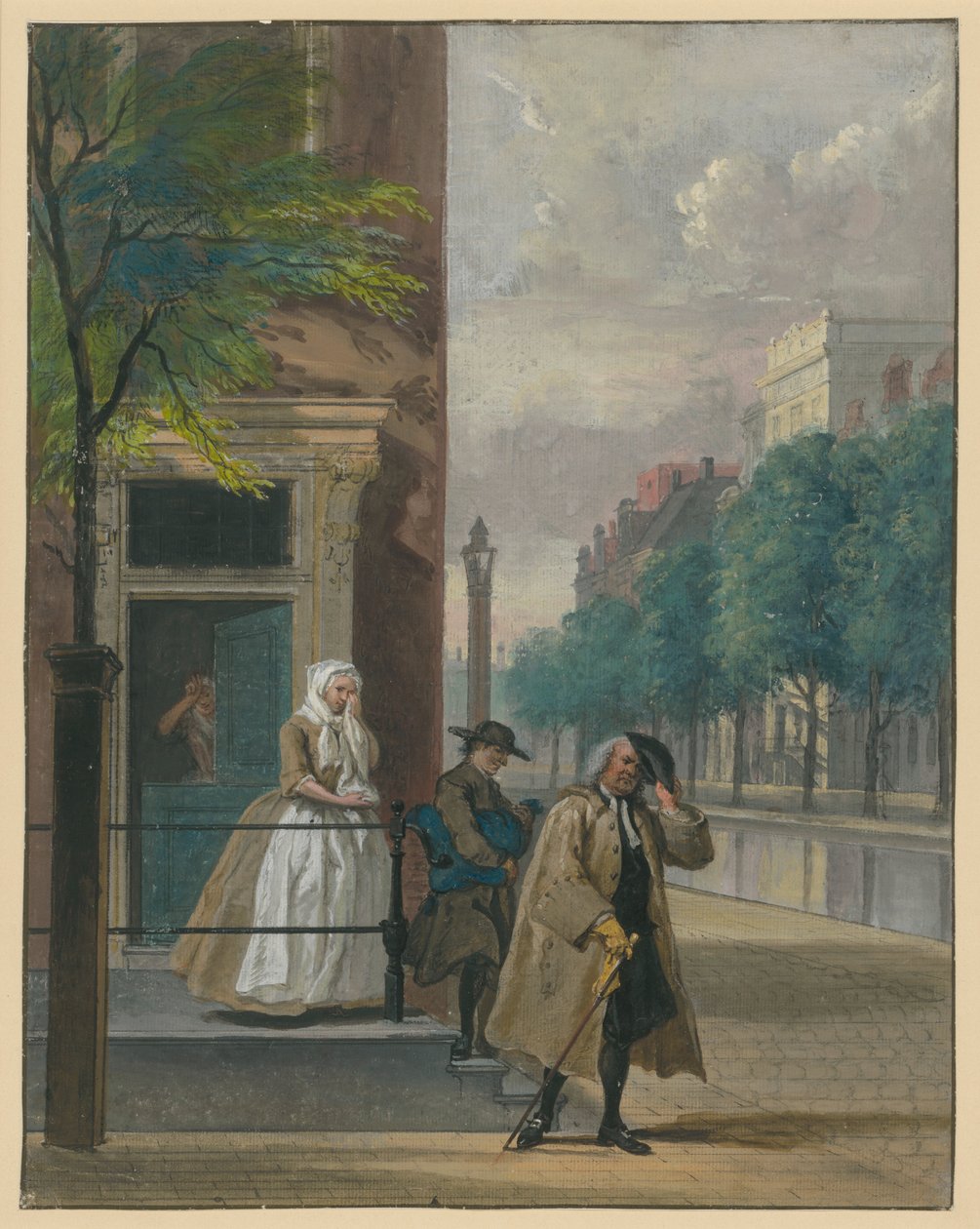 Scene fra en komedie («Den afslørede hykleriske dyd» af Lingelbach) af Cornelis Troost
