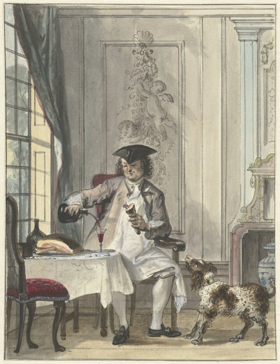 Spisemand med et glas vin og en knogle af Cornelis Troost