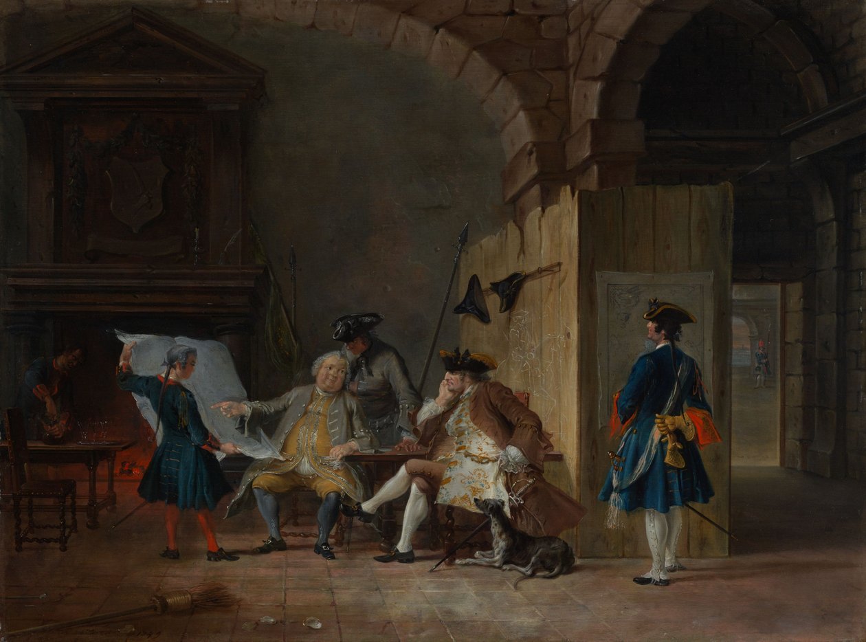 Vagtstue med officerer af Cornelis Troost