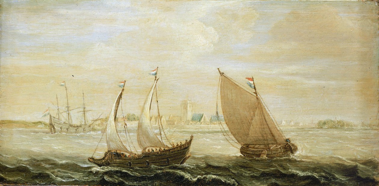 En yacht og et lille hollandsk sejlskib ud for en havn i Zuiderzee (Nordsøen) med udsigt til byen i horisonten og sandklitter til højre. af Cornelis Verbeeck