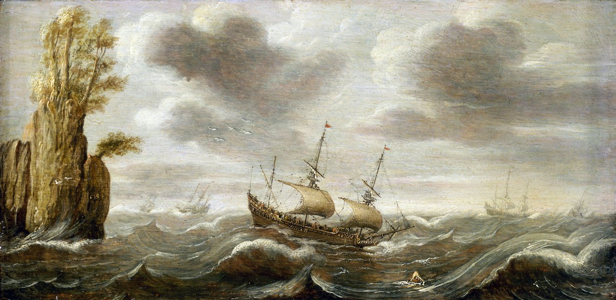 Hollandsk båd på et oprørt hav, der drejer væk fra en klippe, med vegetation på toppen, andre både er repræsenteret i horisonten af Cornelis Verbeeck