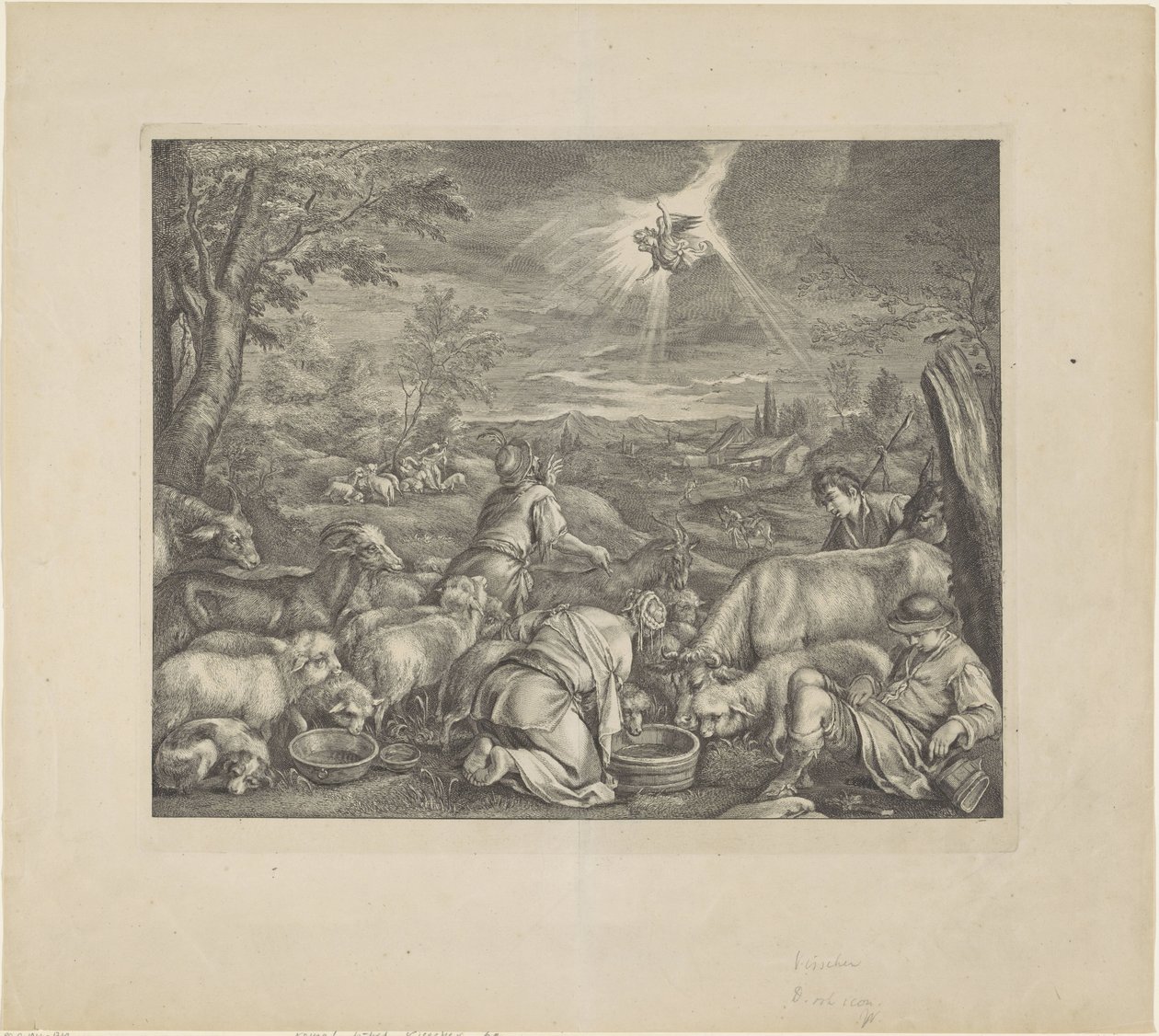 Abraham rejser til Sikem / Bebudelse til hyrderne Royal Bible (serietitel) af Cornelis Visscher (II)