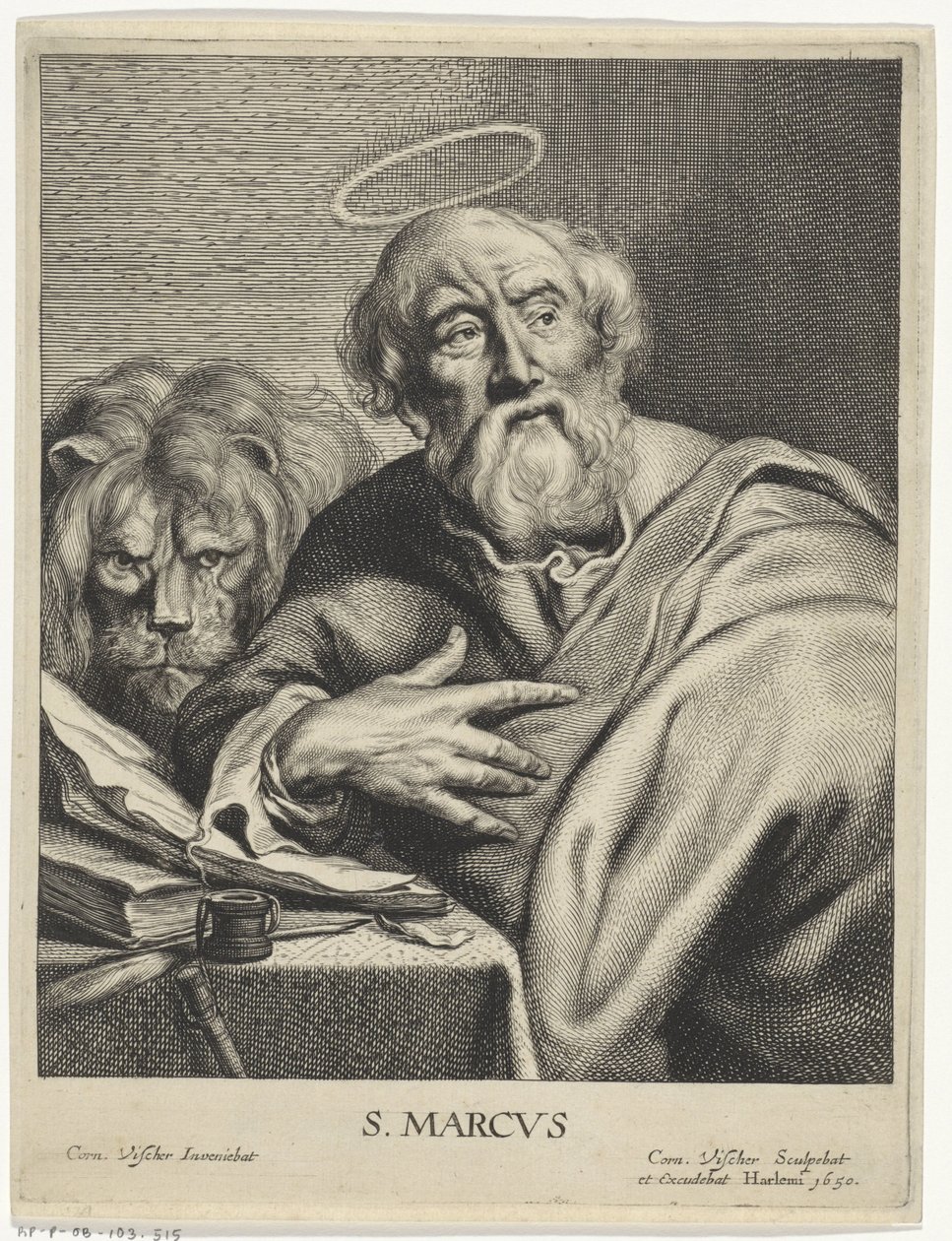 Evangelist Mark med løve S. MARCVS (titel på objekt) Fire evangelister (serietitel) af Cornelis Visscher (II)