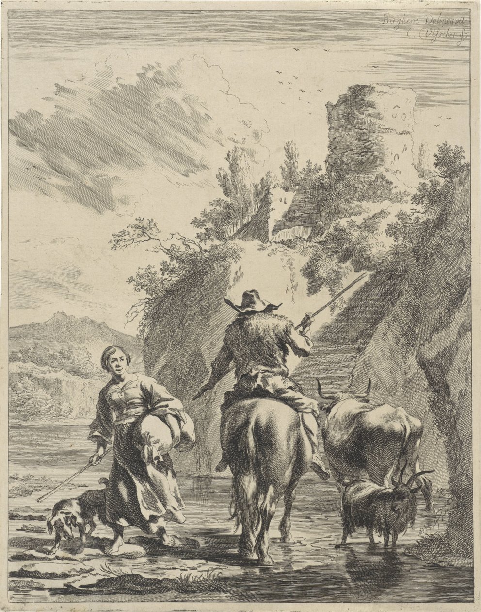 Hyrde og hyrdinde ved en fæstning Bølgende landskaber (serietitel) af Cornelis Visscher (II)