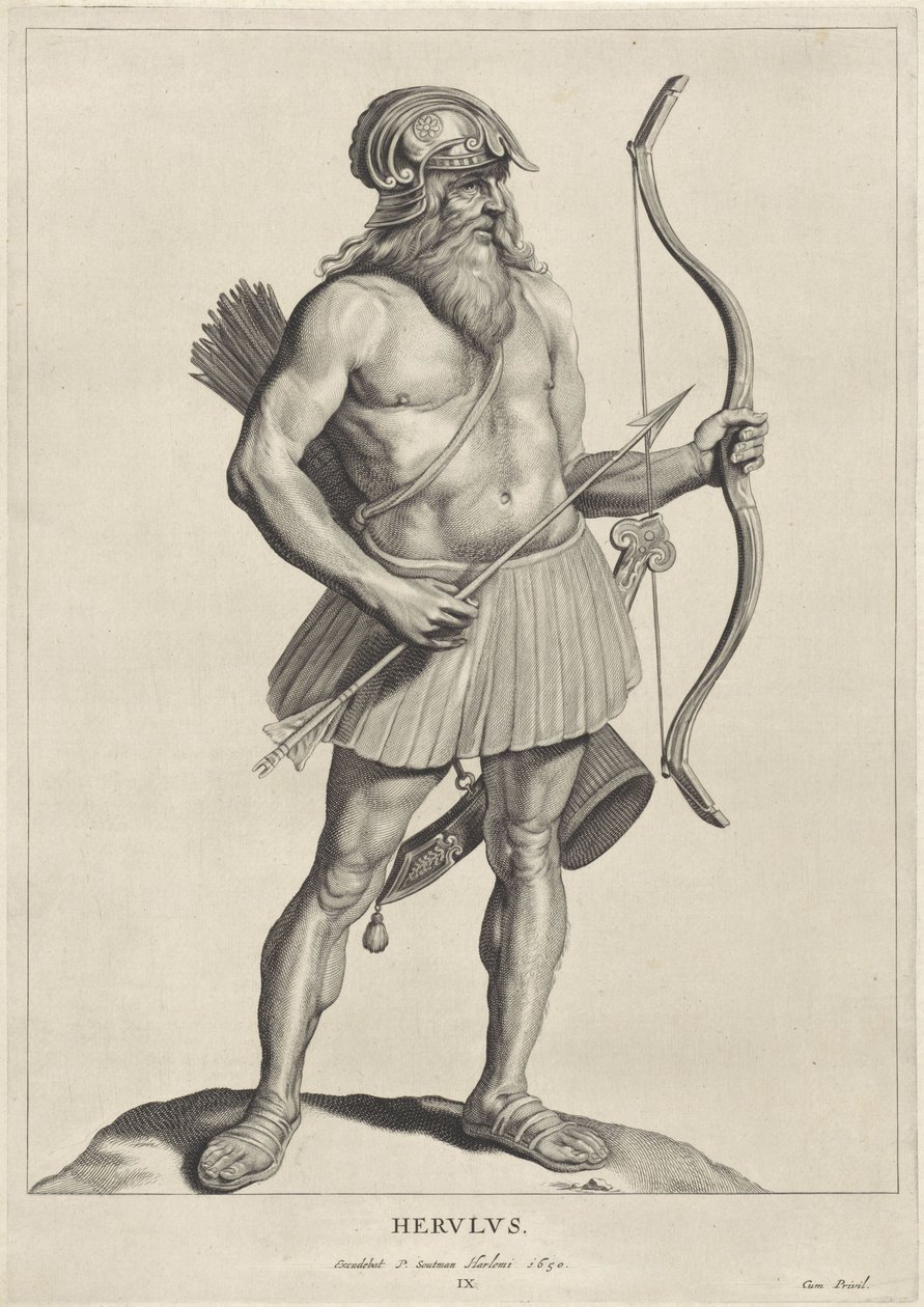 Herulian Herulus (titel på objekt) Oude hier woonachtige volken (serietitel) Peplus eller goterne, vandalerne, schwaberne, heruli, gepiderne, markomannerne og de gamle firedobbelte billeder fra de antikke monumenter og Marcus Zuerius Boxhornius museum (ser af Cornelis Visscher (II)