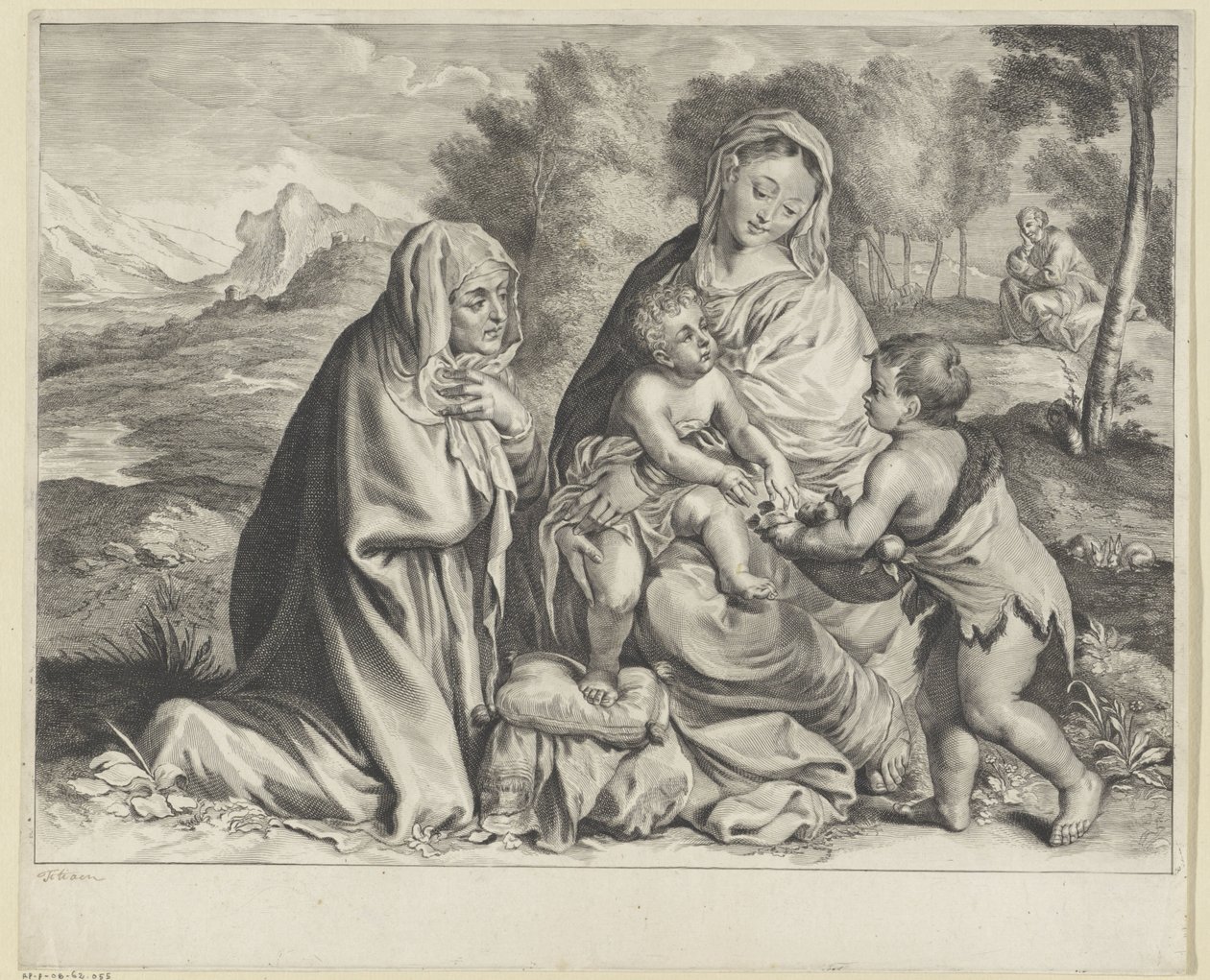 Landskab med den hellige familie, Johannes Døberen og Elizabeth af Cornelis Visscher (II)