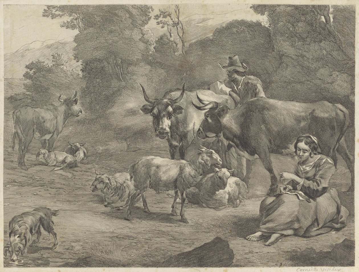 Landskab med en hyrde og en syhyrde af Cornelis Visscher (II)