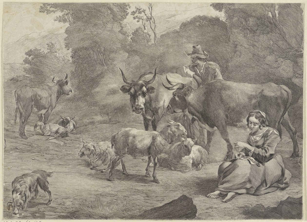 Landskab med en hyrde og en syhyrde af Cornelis Visscher (II)