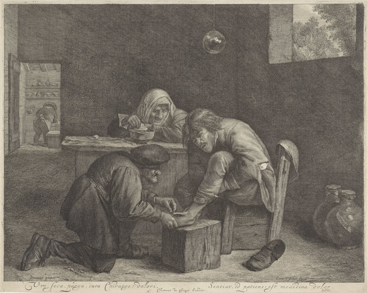 Mand hos en læge Fred, seca, purga, cura Kirurg! dolori (titel på objekt) af Cornelis Visscher (II)