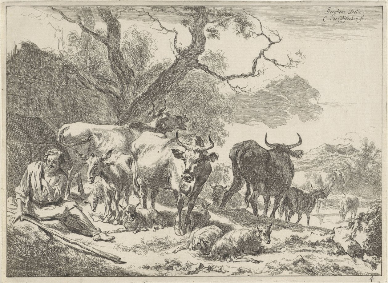 Hvilende gammel hyrde med sin flok Landskaber (serietitel) af Cornelis Visscher (II)