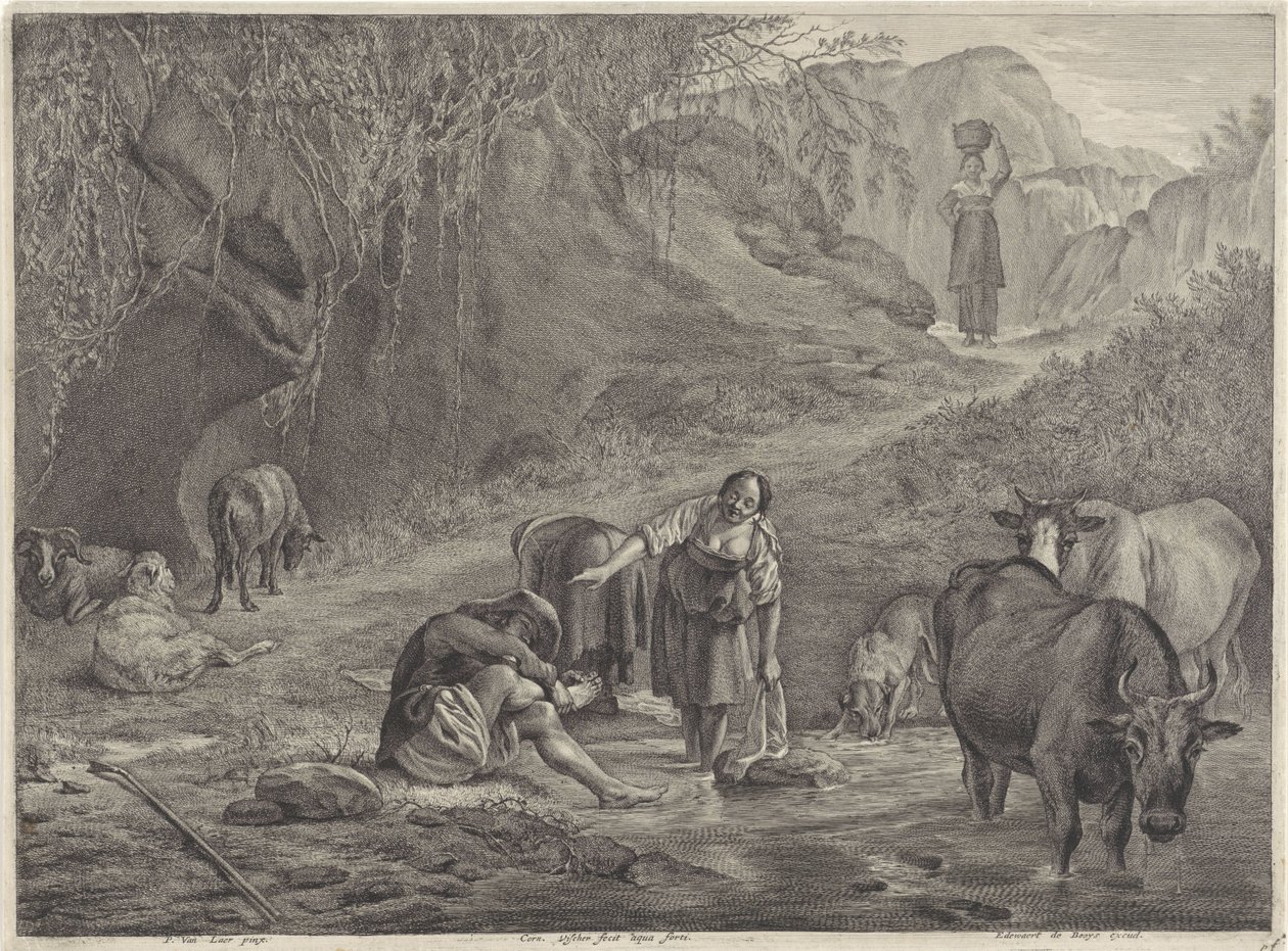 Vaskekoner og en hyrde ved havnefronten af Cornelis Visscher (II)