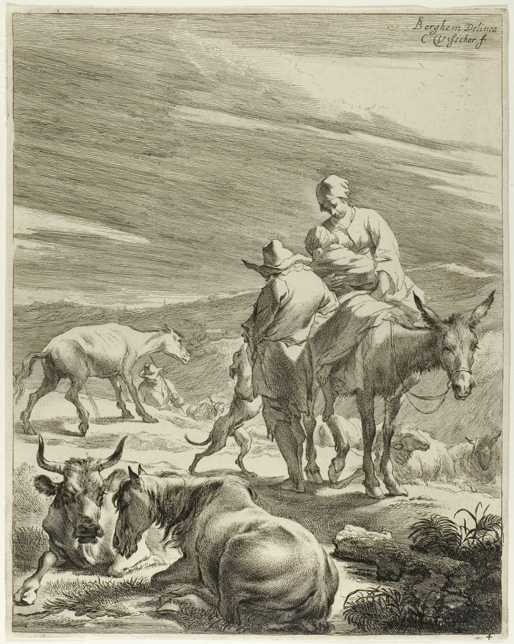 En mor og et svøbt barn rider på et æsel, planche 4 fra Fire landskaber af Cornelis Visscher