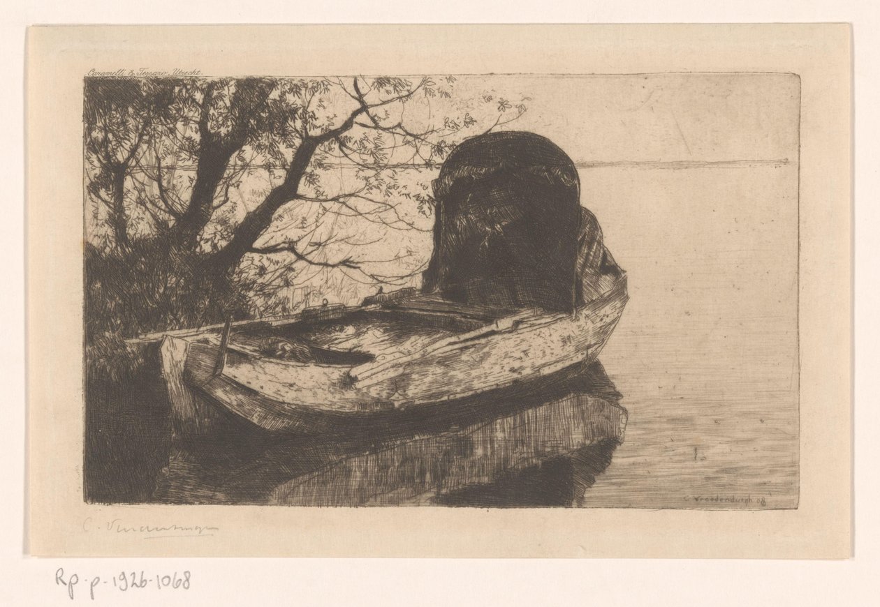 Fortøjet robåd med baldakin af Cornelis Vreedenburgh (signed by artist)