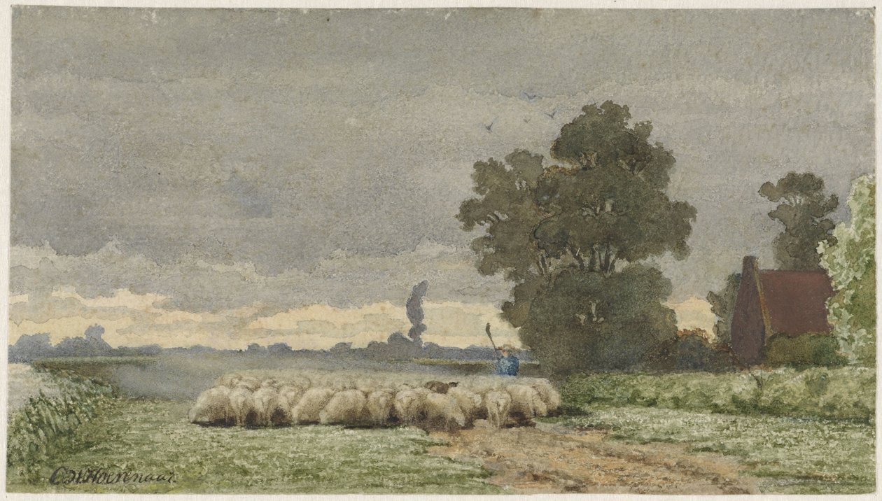 Landskab med flok får af Cornelis Willem Hoevenaar (II)