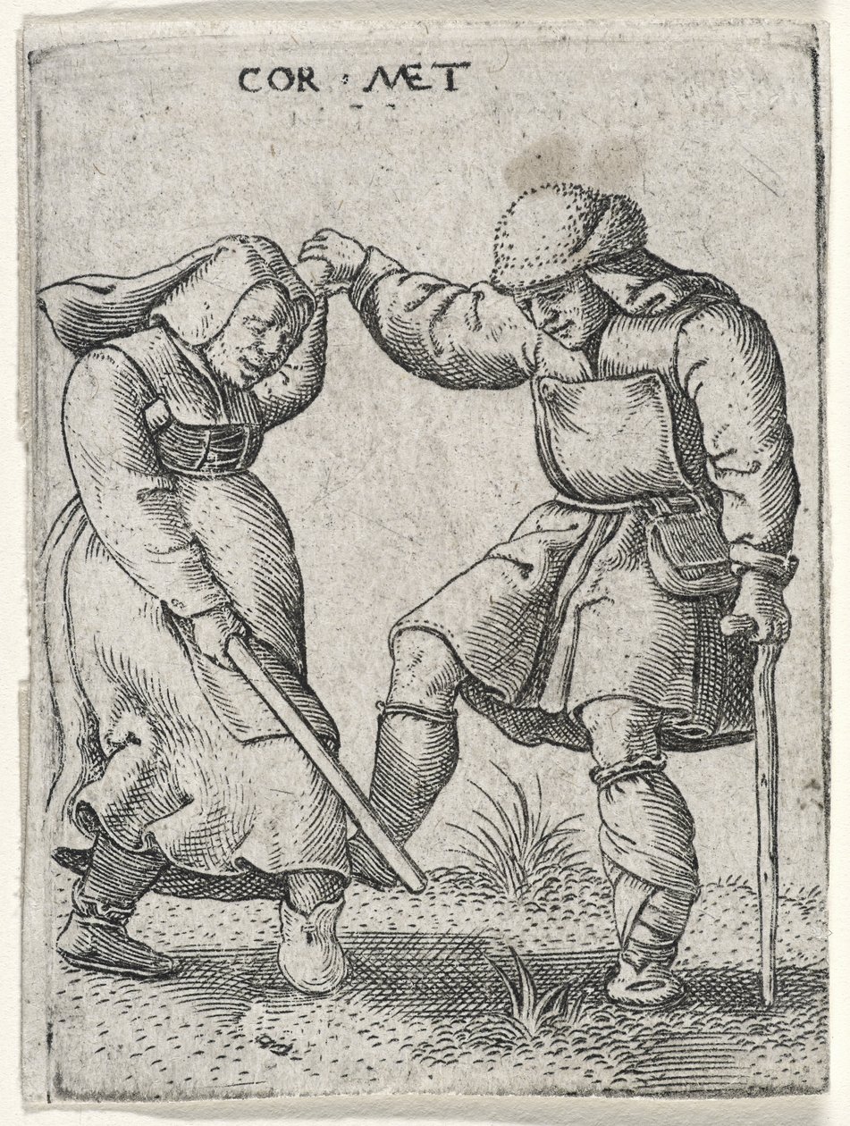 En mand med en bandageret fod danser med en kvinde, 1572 (gravering på lagt papir) af Cornelis after Massys