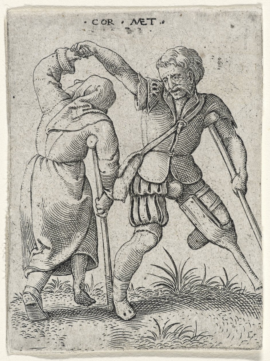 En mand med et træben, der vender en halt kvinde under armen, 1572 (gravering på lagt papir) af Cornelis after Massys