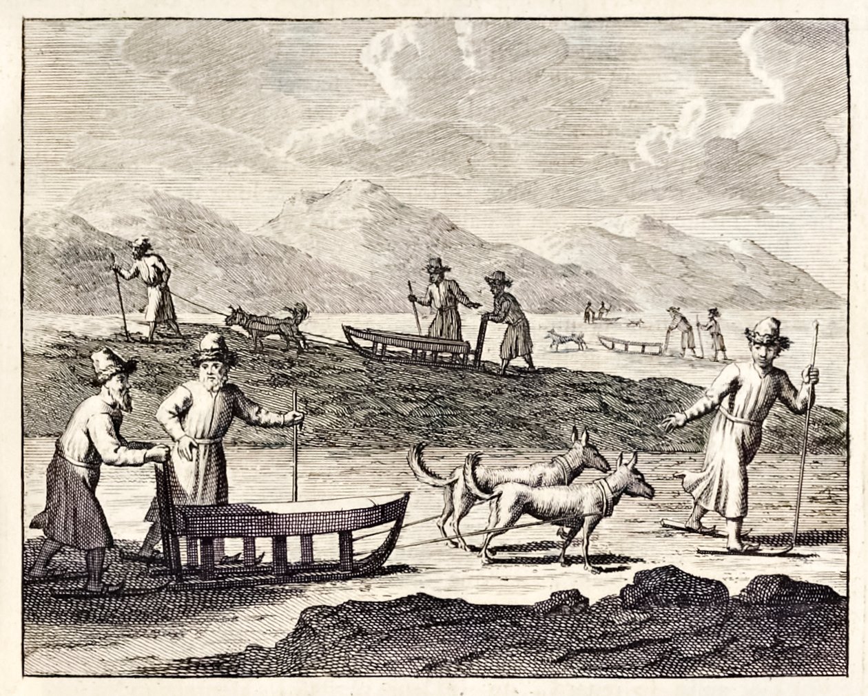 Russere, der rejser med hundeslæder i Sibirien.”, fra ‘Voyages de Corneille le Brun’. 1718 af Cornelis de Bruyn