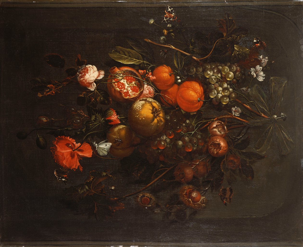 En buket frugt og blomster hængende fra et søm i en niche af Cornelis de Heem