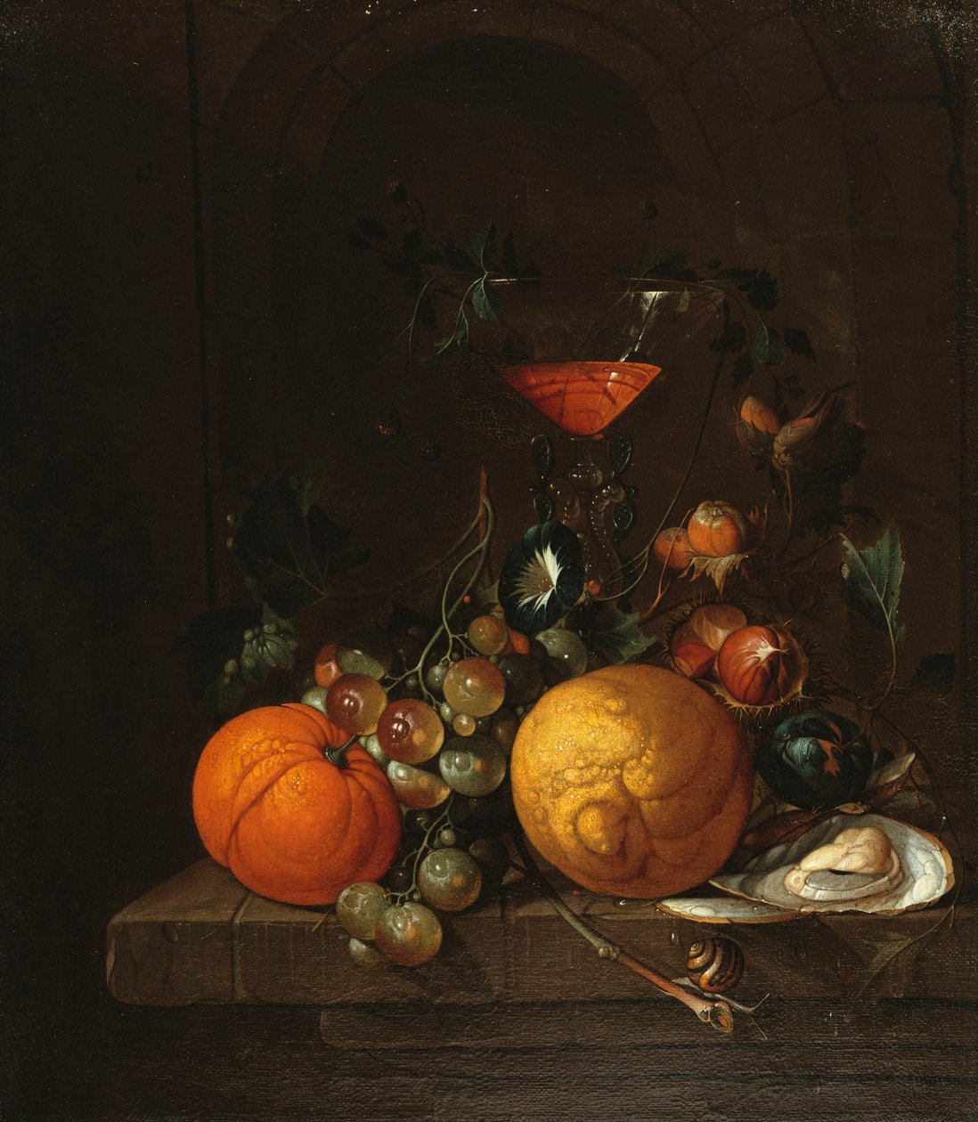 En citron, en appelsin, druer, en østers og et glas vin på en afsats af Cornelis de Heem