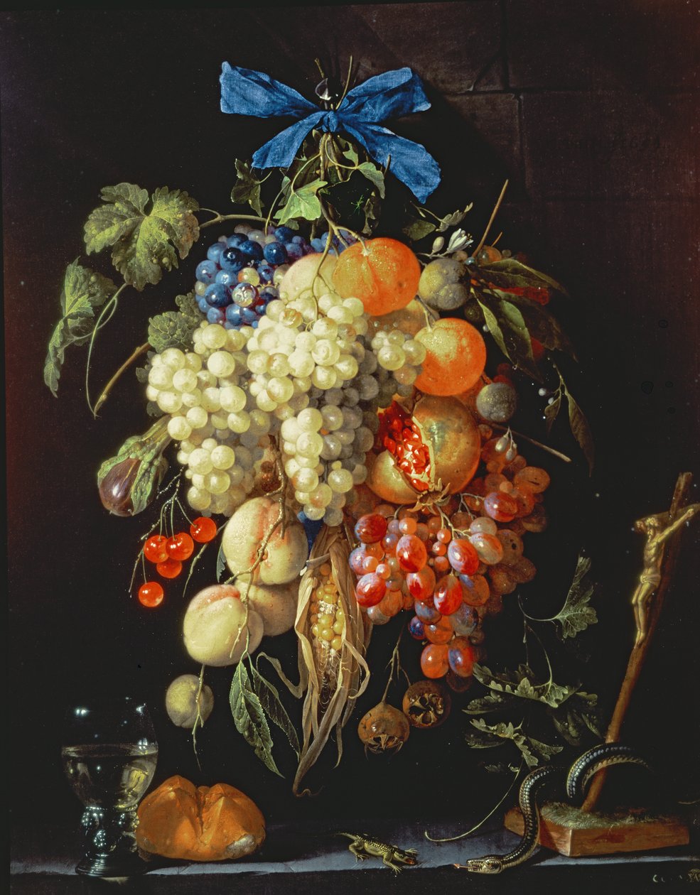 Buket frugt med eukaristiske symboler på en afsats nedenfor af Cornelis de Heem