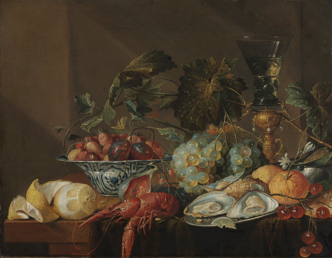 Stilleben med krebs, østers og frugt, slutningen af 1600-tallet eller begyndelsen af 1700-tallet (olie på lærred) af Cornelis de Heem