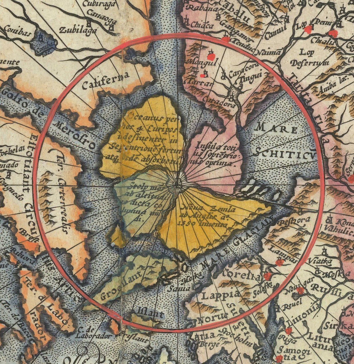 Detalje af verdenskort - Arktis med magnetisk ø som nordpol af Cornelis de Jode