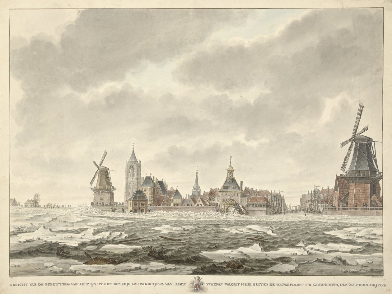 Udsigt over besættelsen af ​​isen uden for Waterpoort i Gorinchem, den 20. februar 1799 af Cornelis de Jonker