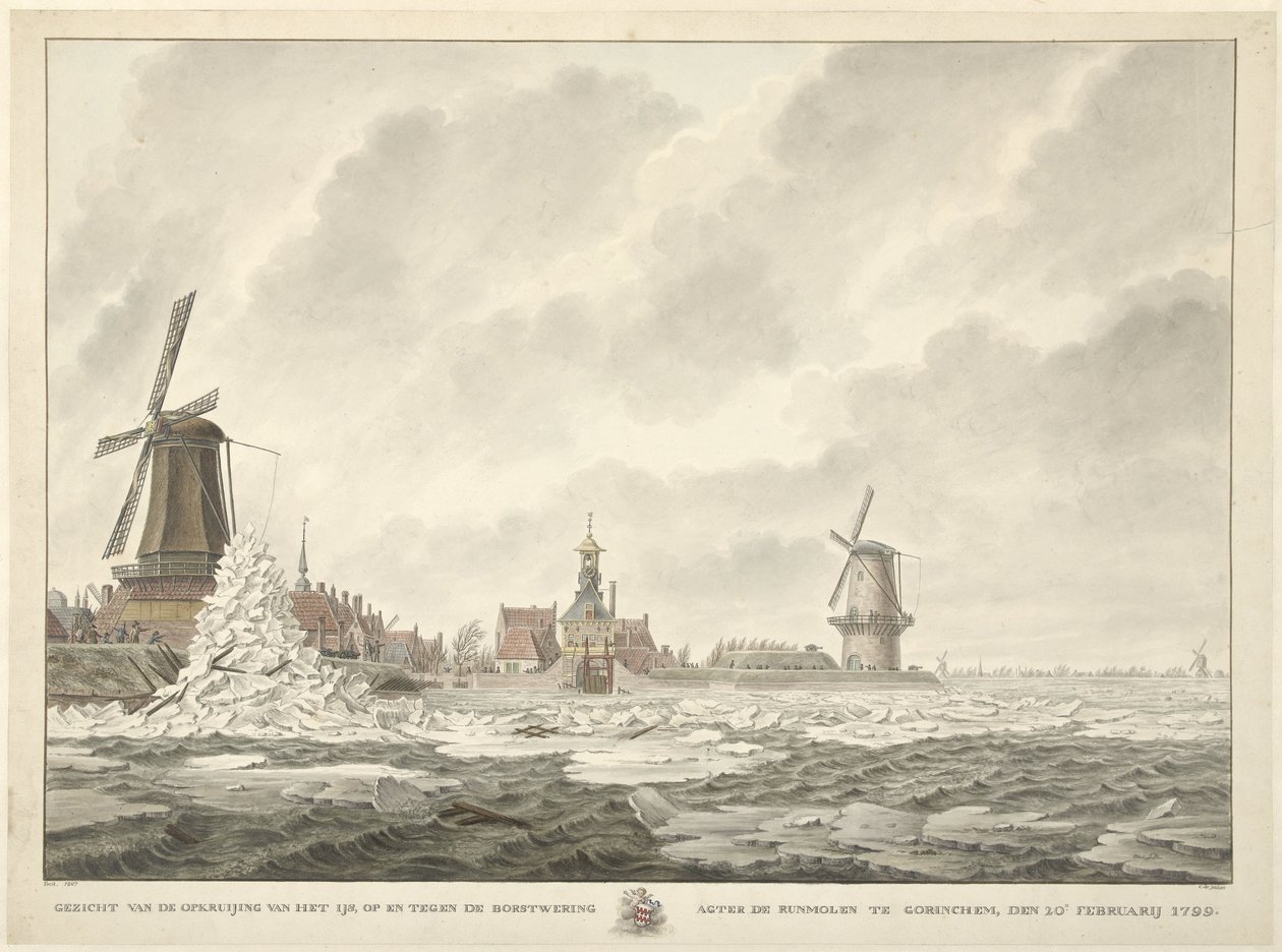 Udsigt over halvmånen af ​​isen, på og mod brystværnet bag Runmolen i Gorinchem, den 20. februar 1799 af Cornelis de Jonker
