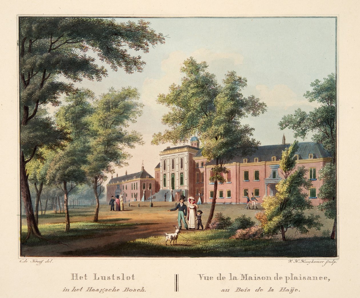 Het Lustslot in het Haagsche Bosch. Udsigt over Pleasure House, Haije Wood, 1825 (håndkoloreret stik) af Cornelis de Kruyff