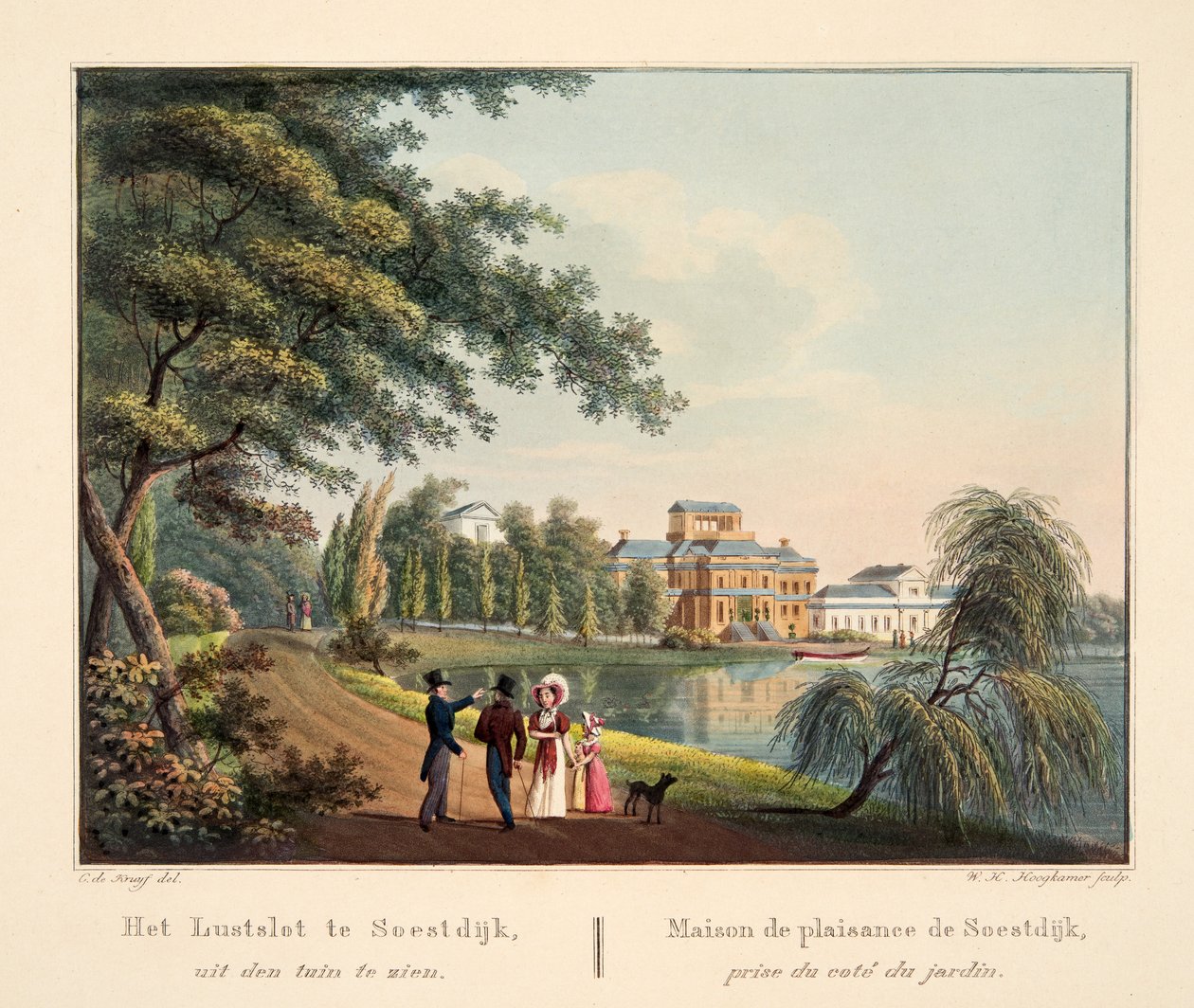Lustslot i Soestdijk, set fra haven. Maison de plaisance de Soestdijk prize du coté du jardin, 1825 (håndkoloreret gravering) af Cornelis de Kruyff