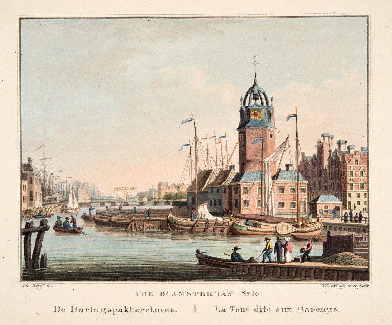 Udsigt over Amsterdam No.10. Fra Haringspakkerstoren. La Tour dit aux Harengs, 1825 (håndfarvet gravering) af Cornelis de Kruyff