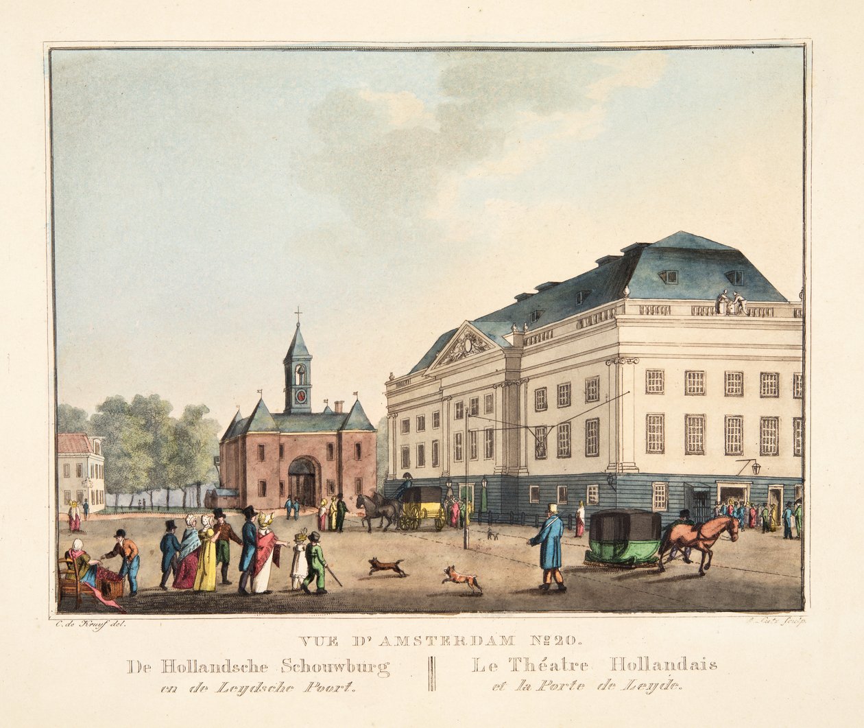 Udsigt over Amsterdam nr. 20. De Hollandsche Schouwburg en de Leydsche Poort. Det hollandske teater og havnen i Leyden, 1825 (håndfarvet gravering) af Cornelis de Kruyff