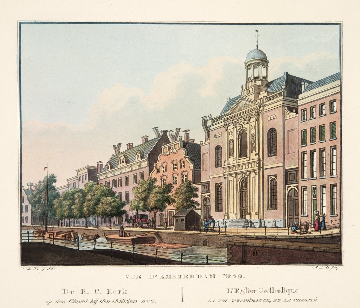 Udsigt over Amsterdam No.29. Fra R.C. Kerk op den Cingel bij den Heiligen weg. Den katolske kirke Tro, håb og næstekærlighed, 1825 (håndfarvet gravering) af Cornelis de Kruyff