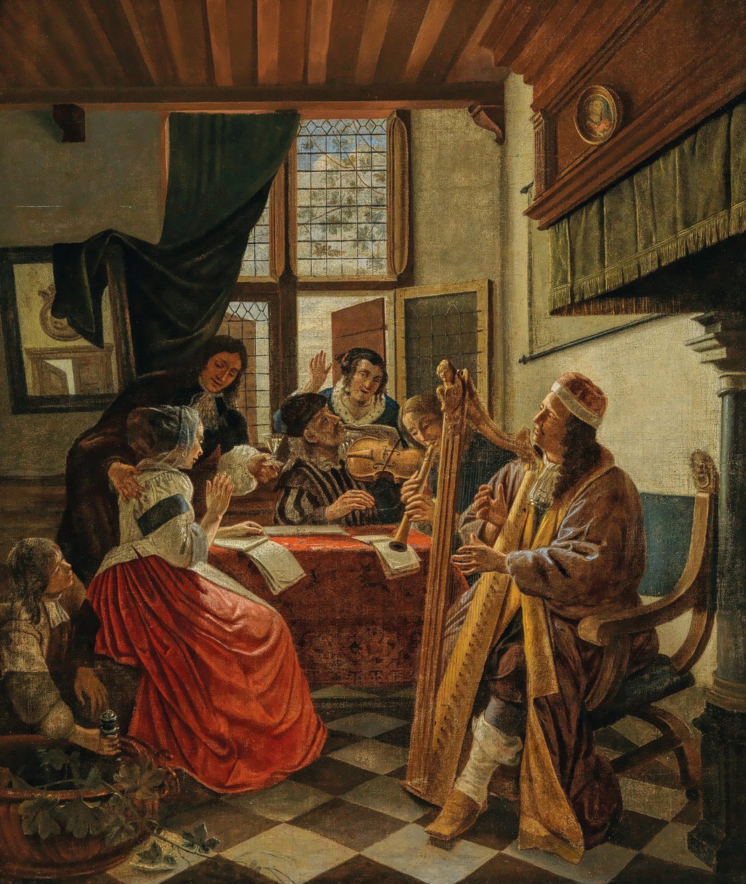 Musikskabende virksomhed i et interiør, 1670