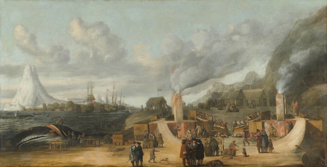 Hvalolieraffinaderiet nær landsbyen Smerenburg En hvaloliefabrik fra Nordic or Greenland Company på Amsterdam-øen i den nordlige ende af Spitzbergen (Svalbard) af Cornelis de Man