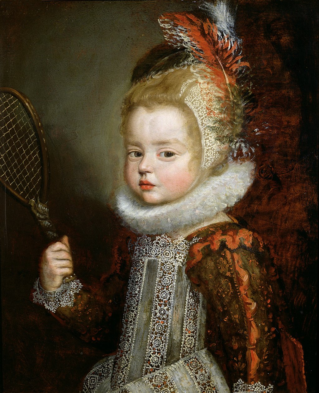 Et portræt af et barn, der holder en ketcher (olie på panel) af Cornelis de Vos